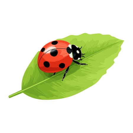 Ladybug on a green leaf isolated on white background. Vector illustration.のイラスト素材
