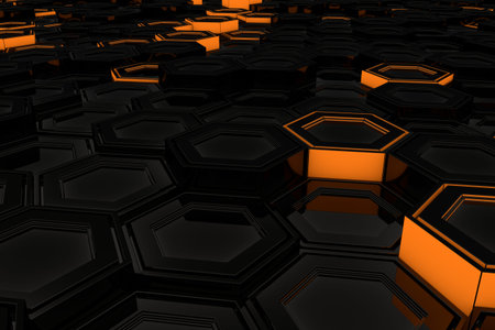 Abstract industrial background made of glowing hexagons, 3d render illustrationの写真素材