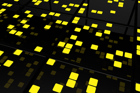 Abstract futuristic background of perspective surfaces with tiles of random glowing yellow rectangels, 3d render illustrationの写真素材