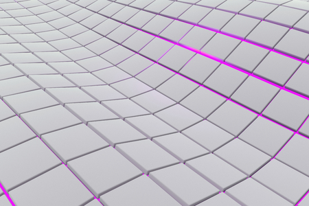 Wavy surface made of white cubes with glowing background, abstract background, 3d render illustrationの写真素材