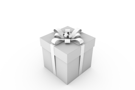 White gift box with ribbon bow isolated on white background, 3D render illustrationの写真素材