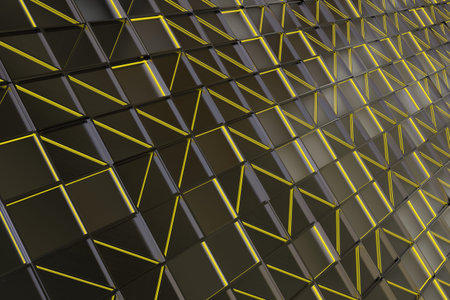 Wall of rectangle tiles made from brushed metal, grid of square tiles with diagonal glowing...