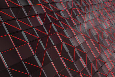 Wall of rectangle tiles made from brushed metal, grid of square tiles with diagonal glowing...
