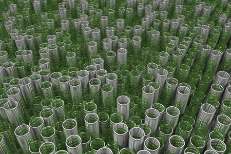 Glass and metal springs and coils of different radius, abstract background, 3D render illustration