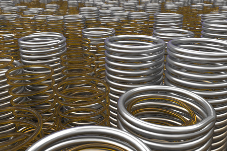 Glass and metal springs and coils of different radius, abstract background, 3D render illustrationの写真素材