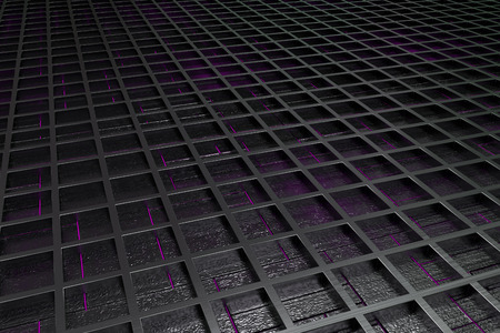 Futuristic technological or industrial background made from brushed metal grate with glowing lines and elements. Abstract background. 3D rendering illustration.の写真素材