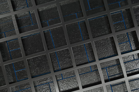 Futuristic technological or industrial background made from brushed metal grate with glowing lines...