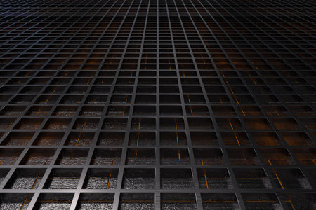 Futuristic technological or industrial background made from brushed metal grate with glowing lines...