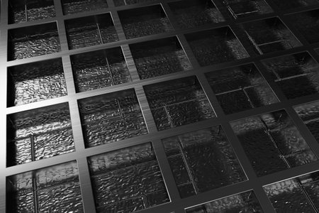 Futuristic technological or industrial background made from brushed metal grate with glowing lines and elements. Abstract background. 3D rendering illustration.の写真素材