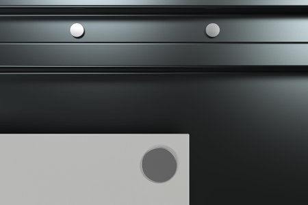 Abstract metal banner. Rectangular white plate on black background with rivets. 3D render...