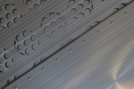 Abstract metal banner. Rectangular metal plate with rivets on circular grille background. 3D render...