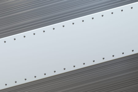 Abstract metal banner. Rectangular colored plate with rivets on brushed metal background. 3D render...