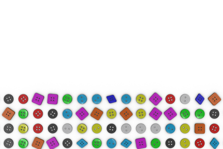 Colorful background made from sewing buttons. Grid of buttons isolated on white background. 3D render illustrationの写真素材