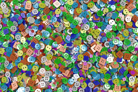 Colorful background made from sewing buttons. Pile of buttons isolated on white background. 3D render illustrationの写真素材