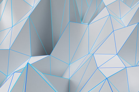 Abstract futuristic background made of polygonal shape. Bright low poly displaced surface with glowing connecting lines. 3D rendering illustrationの写真素材