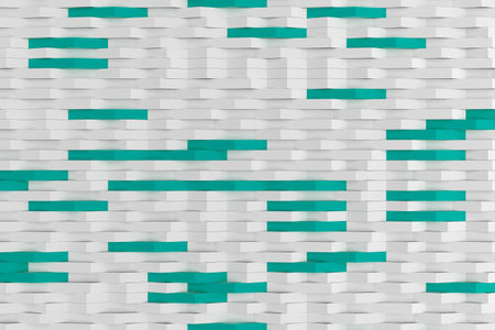 Abstract 3D rendering of white matte plastic waves with colored elements. Bended stripes background....