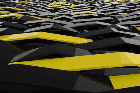 Abstract 3D rendering of black gloss plastic waves with colored elements. Bended stripes background. Reflective surface pattern. 3D render illustrationの写真素材