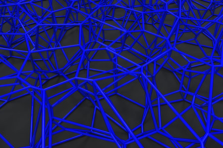 Abstract 3d voronoi lattice on black background. Atom grid. Chaotic line structure. 3D render...