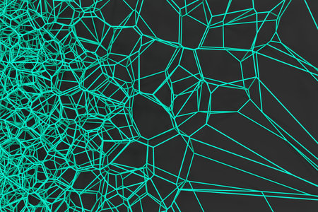 Abstract 3d voronoi lattice on black background. Atom grid. Chaotic line structure. 3D render...
