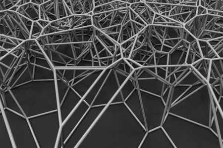 Abstract 3d voronoi lattice on black background. Atom grid. Chaotic line structure. 3D render...