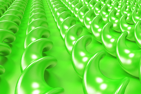 Green plastic spiral sticks on green background. Abstract background. 3D render illustrationの写真素材