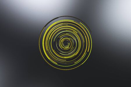 Black concentric spiral with yellow glowing elements on black background. Abstract geometric background with glowing lines. 3D rendering illustrationの写真素材