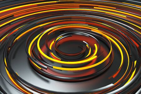 Black concentric spiral with orange glowing elements on black background. Abstract geometric background with glowing lines. 3D rendering illustrationの写真素材