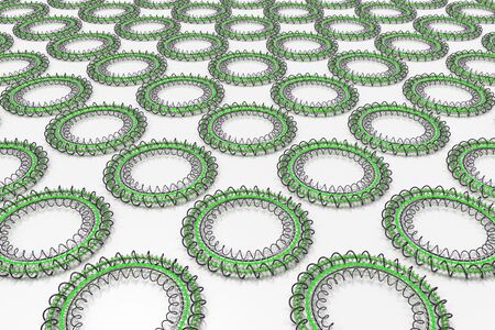 Pattern of concentric shapes made of rings and spirals on white background. Abstract geometric background with grid of concentric elements. 3D rendering illustrationの写真素材