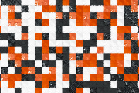Pattern of black, white and orange cubes with deformed surfaces. Wall of deformd cubes. Abstract...