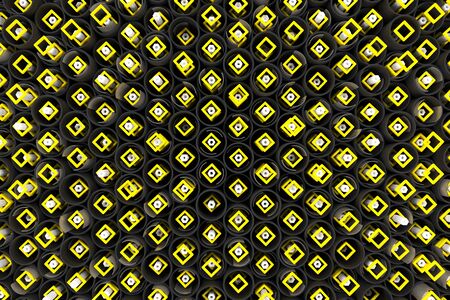 Pattern of black tubes, white hexagons, repeated square elements and blurred glass surfaces. Abstract background. 3D rendering illustration.の写真素材