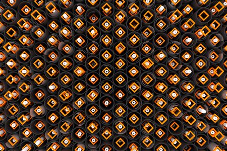 Pattern of black tubes, white hexagons, repeated square elements and blurred glass surfaces. Abstract background. 3D rendering illustration.の写真素材