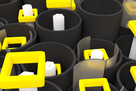 Pattern of black tubes, white hexagons, repeated square elements and blurred glass surfaces....