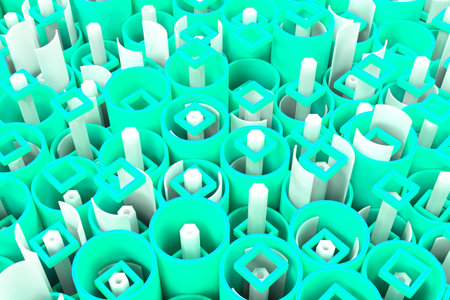 Pattern of colored tubes, repeated square elements, white hexagons and surfaces. Abstract...