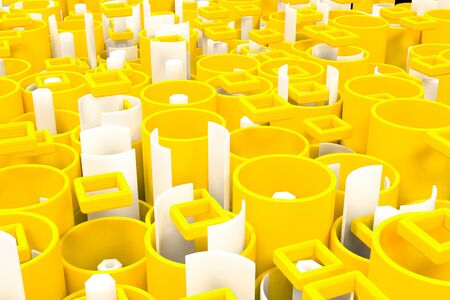 Pattern of colored tubes, repeated square elements, white hexagons and surfaces. Abstract background. 3D rendering illustration.の写真素材