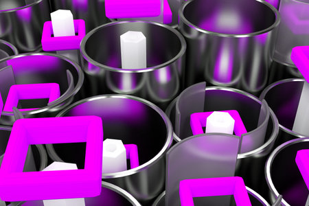 Pattern of brushed metal tubes, white hexagons, repeated square elements and blurred glass surfaces....