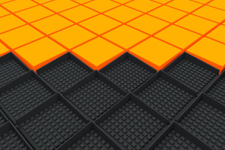 Futuristic industrial background made from black and orange square shapes. Abstract pattern. 3D...