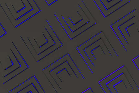 Futuristic technological background made from dark extruded rectangular shapes with glowing lines. Abstract background. Pattern of glowing rectangular lines. 3D rendering illustration.の写真素材