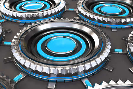 Honeycomb pattern of concentric metal shapes with blue elements. Circular objects connected in grid on grey background. Abstract futuristic background. 3D rendering illustrationの写真素材