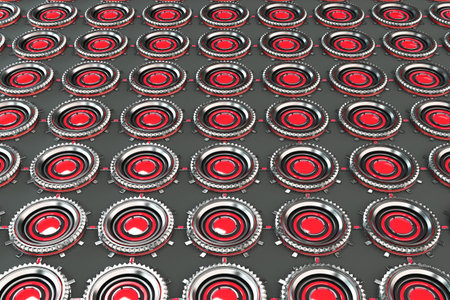 Pattern of concentric metal shapes with red elements. Circular objects connected in grid on grey...