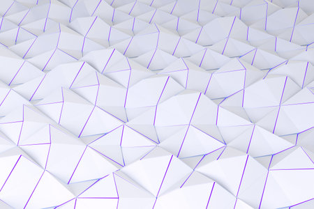 Pattern of white pyramid shapes with glowing lines. Wall of pyramid. Abstract background. 3D...