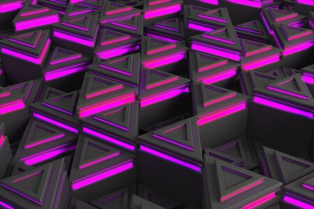 Pattern of grey triangle prisms with violet glowing lines. Wall of prisms. Abstract background. 3D rendering illustration.の写真素材