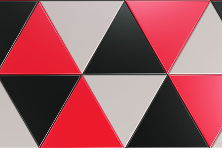 Pattern of black, white and red triangle prisms. Wall of prisms. Abstract background. 3D rendering illustration.の写真素材