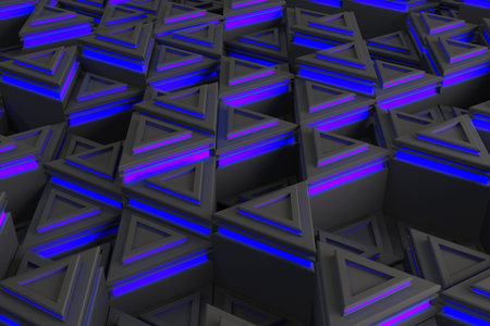 Pattern of grey triangle prisms with blue glowing lines. Wall of prisms. Abstract background. 3D...