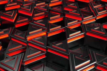 Pattern of black triangle prisms with red glowing lines. Wall of prisms. Abstract background. 3D rendering illustration.の写真素材