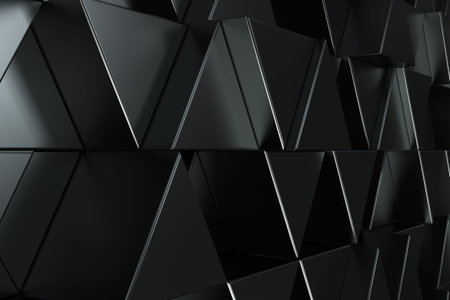Pattern of black triangle prisms. Wall of prisms. Abstract background. 3D rendering illustration.