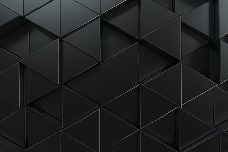 Pattern of black triangle prisms. Wall of prisms. Abstract background. 3D rendering illustration.