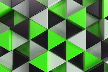 Pattern of black, white and green triangle prisms. Wall of prisms. Abstract background. 3D rendering illustration.の写真素材