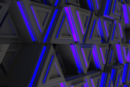 Pattern of grey triangle prisms with blue glowing lines. Wall of prisms. Abstract background. 3D...