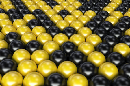 Pattern of black and yellow spheres. Shiny balls. Abstract background. 3D rendering illustration