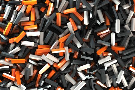 A pile of black, white and orange hexagon details. Abstract background. 3D rendering illustrationの写真素材